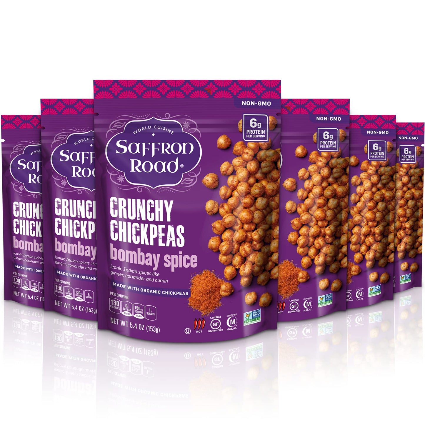 Saffron Road Organic Bombay Spice Crunchy Roasted Chickpea Snacks- 5.4Oz 6-Pack, Gluten Free, Non-Gmo, Vegan Dried Crispy Chickp