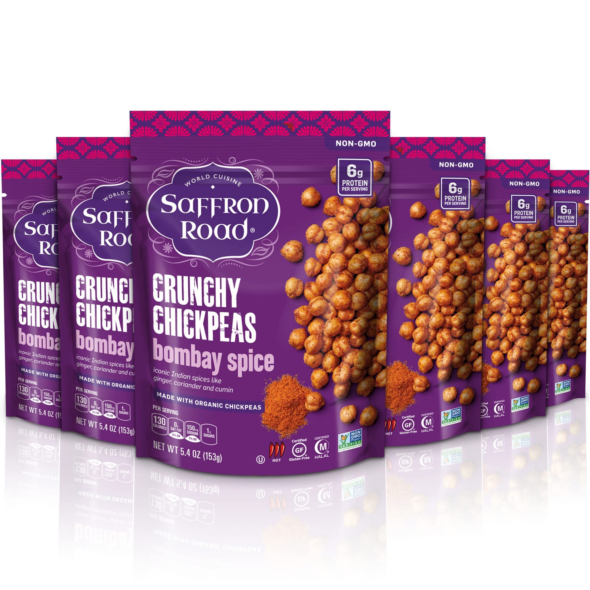 Saffron Road Organic Bombay Spice Crunchy Roasted Chickpea Snacks- 5.4Oz 6-Pack, Gluten Free, Non-Gmo, Vegan Dried Crispy Chickp