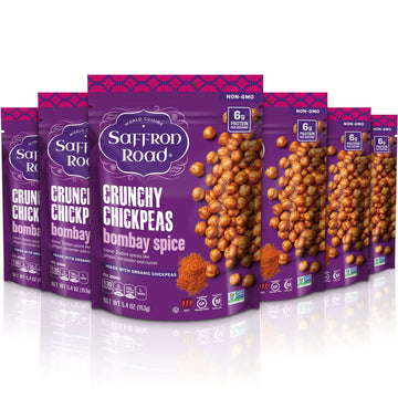Saffron Road Organic Bombay Spice Crunchy Roasted Chickpea Snacks- 5.4Oz 6-Pack, Gluten Free, Non-Gmo, Vegan Dried Crispy Chickp