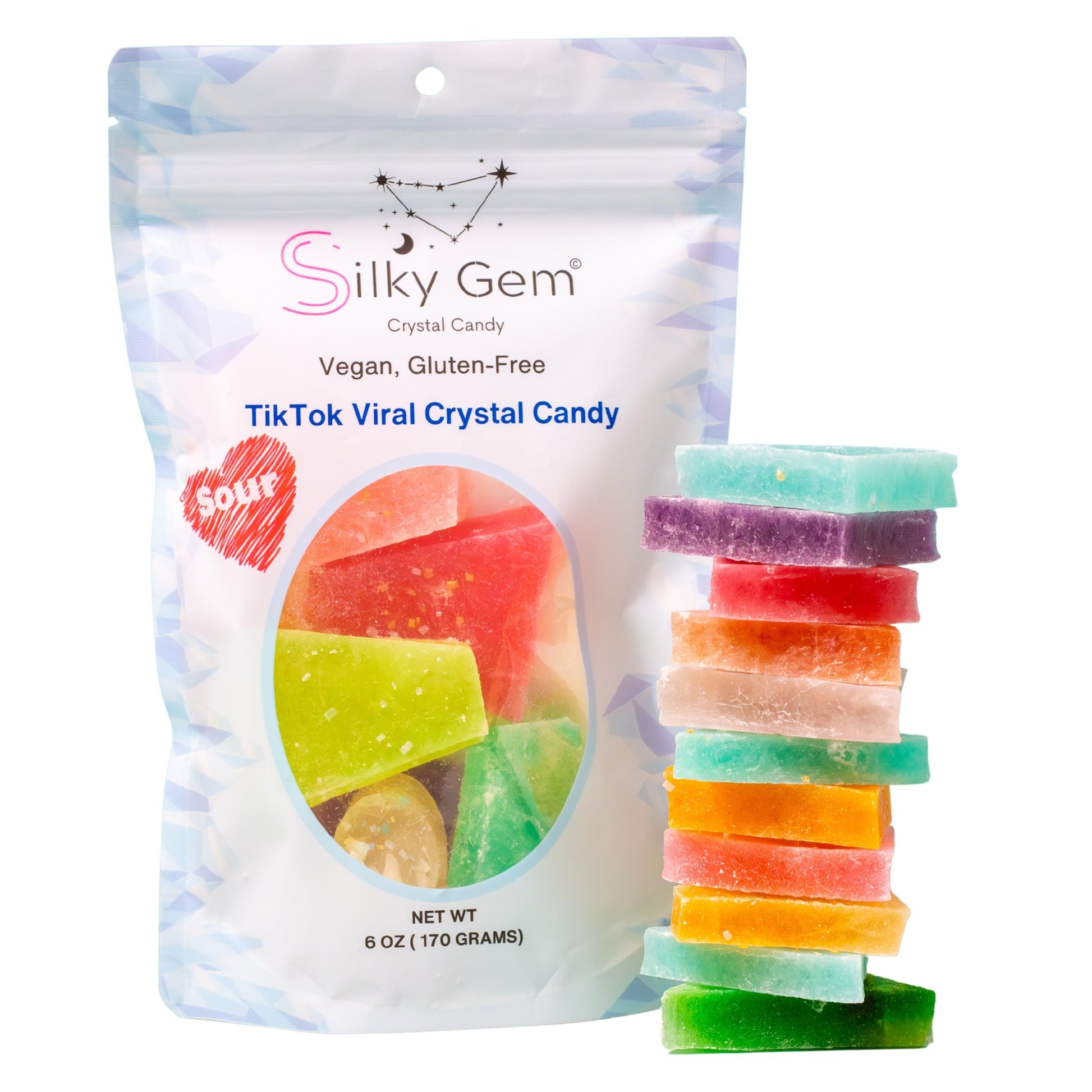 Silky Gem Sour Bites - Mini Crystal Candy with Pixie Sour Sparkle - Crunchy Outside  Soft Inside - Tangy & Sweet Treat - Vegan  Gluten-Free  Nut-Free - 6 oz Bag