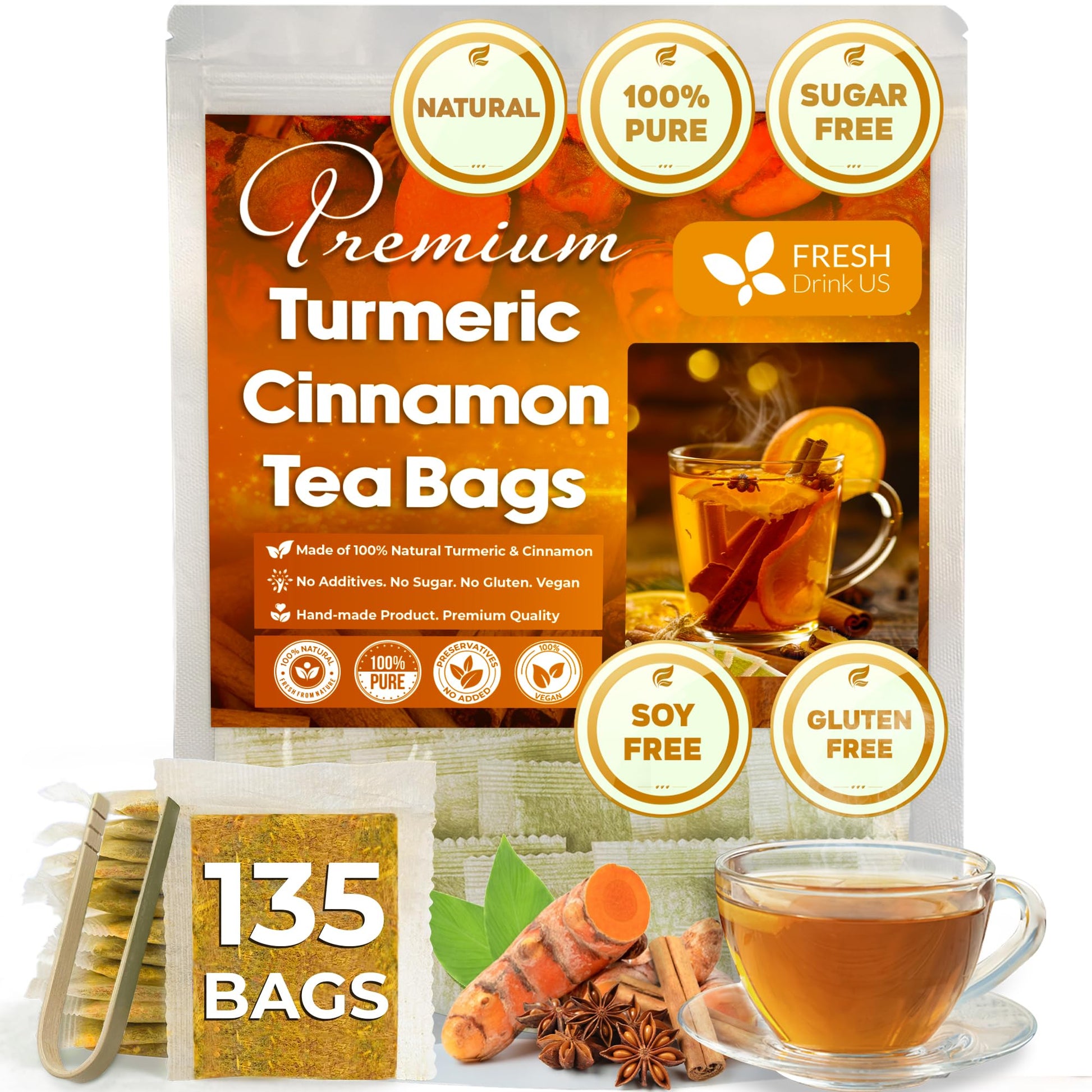 FRESHDRINKUS Turmeric Cinnamon Tea Bags, 100% Natural, Caffeine-Free, 75 Bags