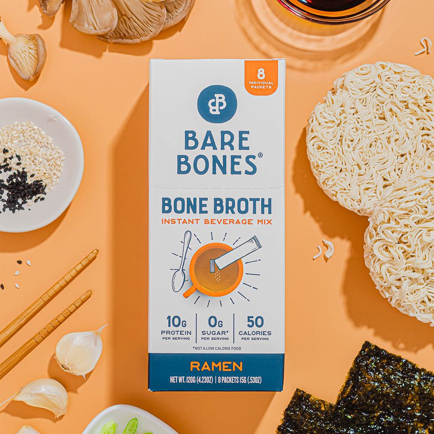 Bare Bones Bone Broth Instant Powdered Beverage Mix, Ramen, Pack Of 8, 15G Sticks, 10G Protein, Keto & Paleo Friendly, Non-Gmo,