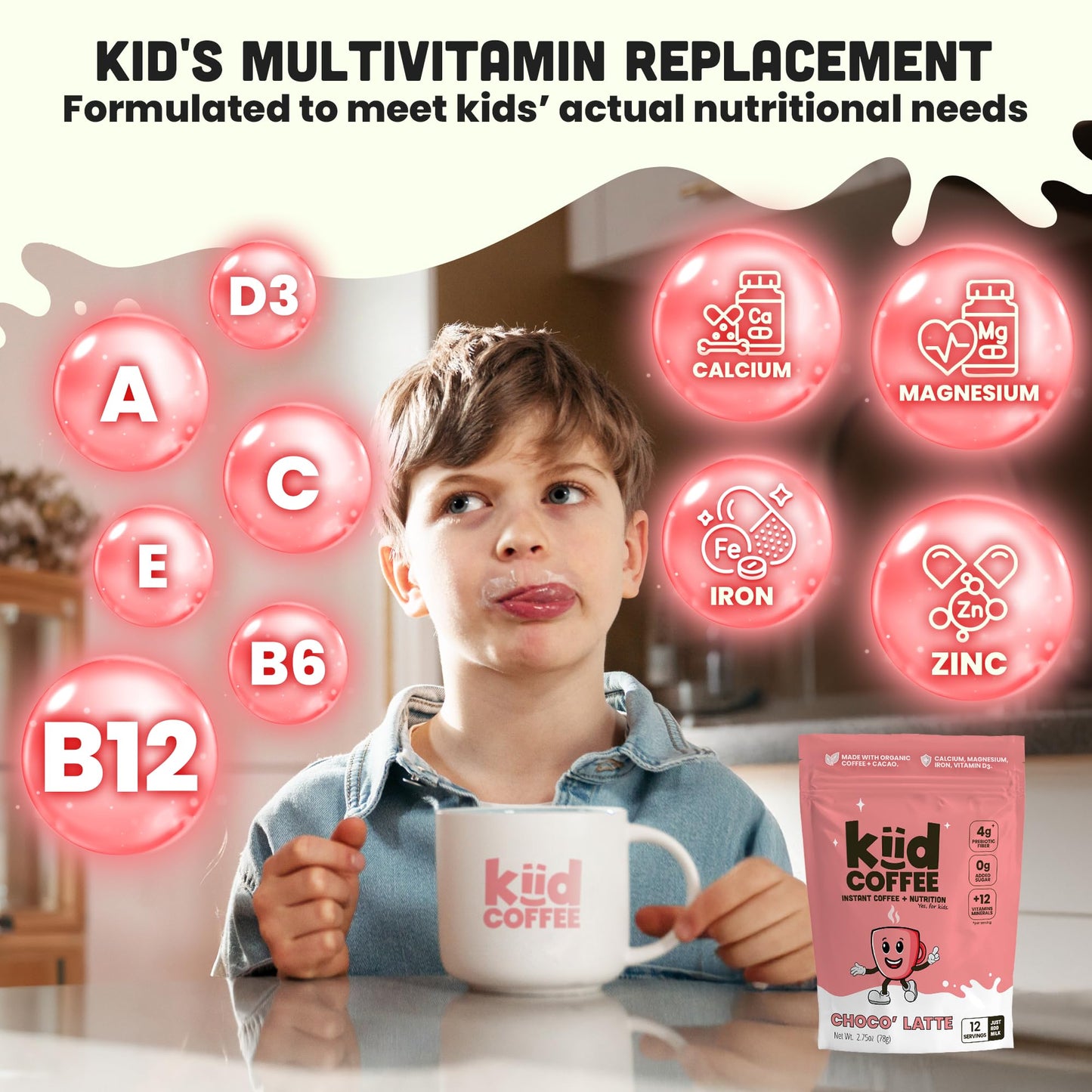 Kiid Coffee - Organic Caffeine-Free Coffee for Kids - 12 Vitamins & Minerals, 4g Prebiotics - 12 Servings - Non-GMO, Gluten-Free