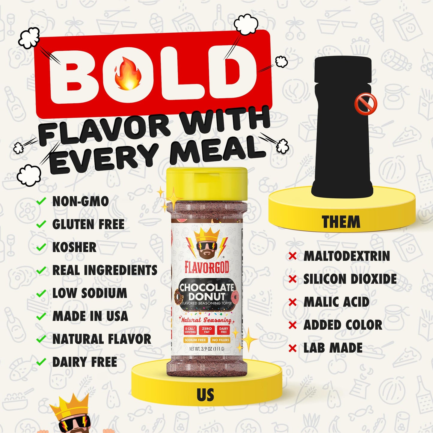 Flavor God Munchies Combo Pack Of 4, Seasoning Gift Set, Taco Tuesday, Pizza, Buttery Cinnamon Roll, Chocolate Donut, Natural He