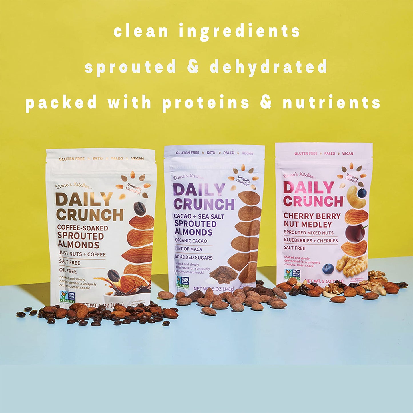 Daily Crunch Sprouted Almonds, 1.5 Ounce Mini, On-The-Go Bags (Variety Pack, 5 Pack) Contains: Original Sprouted, Cherry Berry,