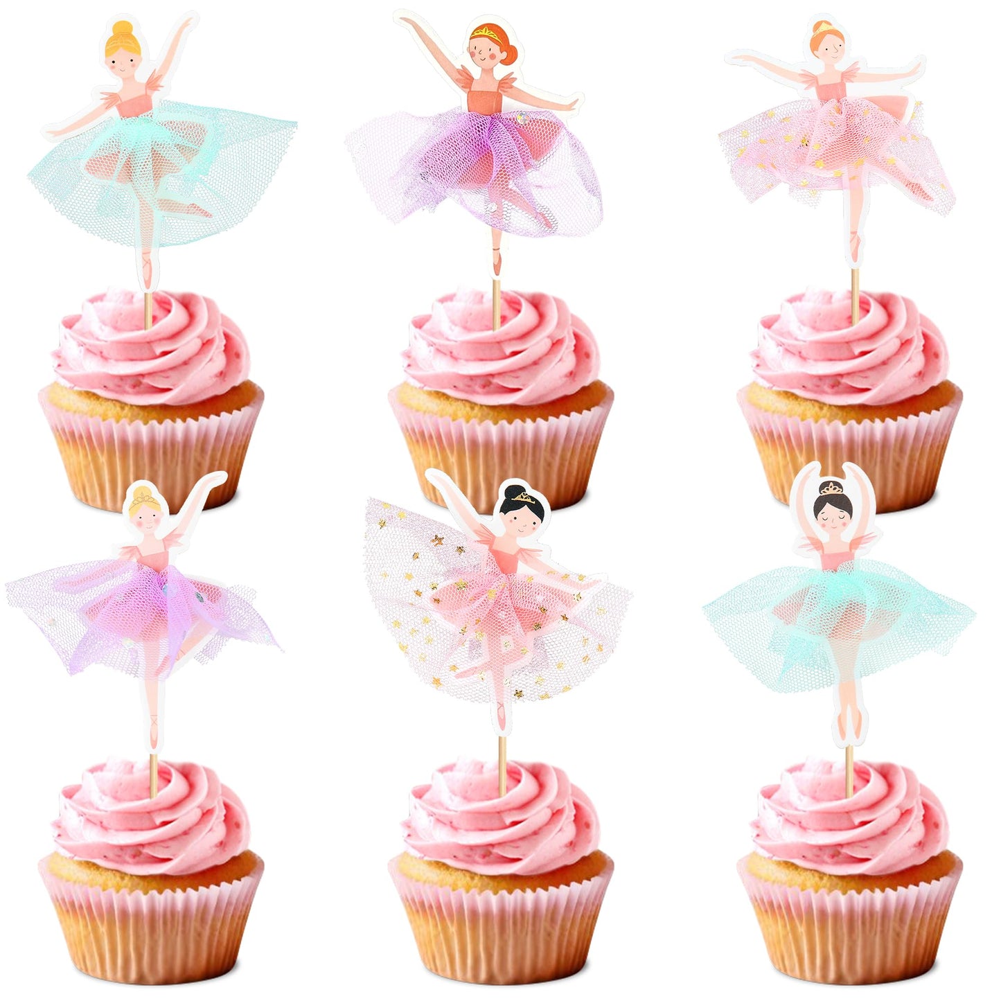 24 Pcs Ballerina Cupcake Toppers - 3D Tutu Dress Ballet Girl Picks For Baby Girl Birthday  Princess Party  Baby Shower  Wedding  Picnic  Muffin & Dessert Decorations (Style 2)