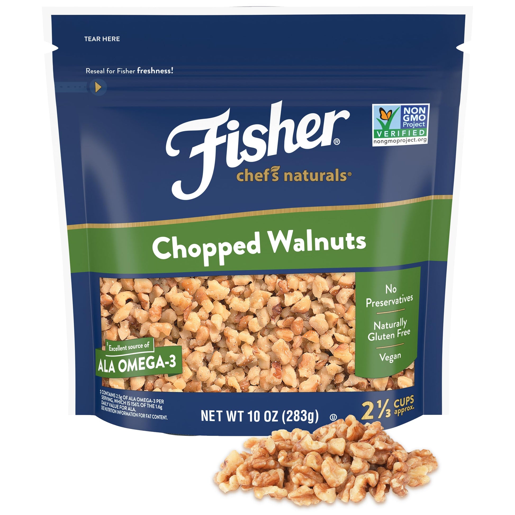 Fisher Chopped Walnuts, 10 oz, 100% California Unsalted, Resealable Bag, Vegan Protein, Keto Snack, Brown