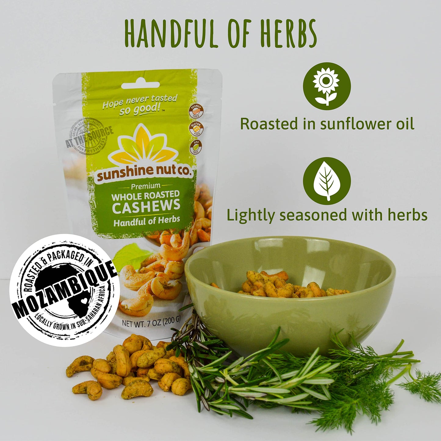 Sunshine Nut Co. Whole Roasted Lightly Salted Cashews, Handful Of Herbs Flavor, Single 7 Oz. Bag, Gluten Free, Peanut Free And Vegan Individual Snack Packs For Kids And Adults, Gmo Free