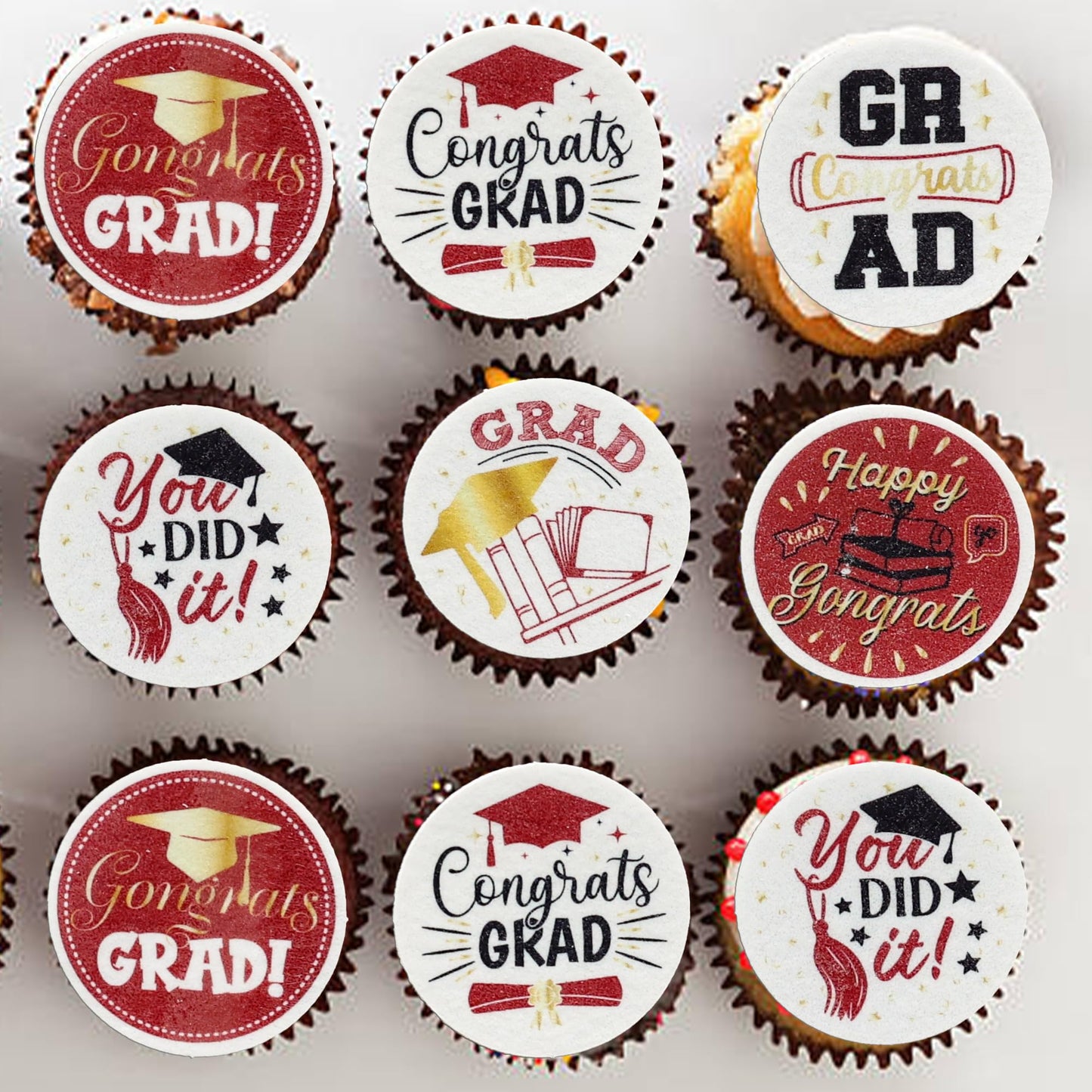 Ephlyn 54Pcs Graduation Cupcake Toppers Wafer Paper Red Grad Caps 1.8cm