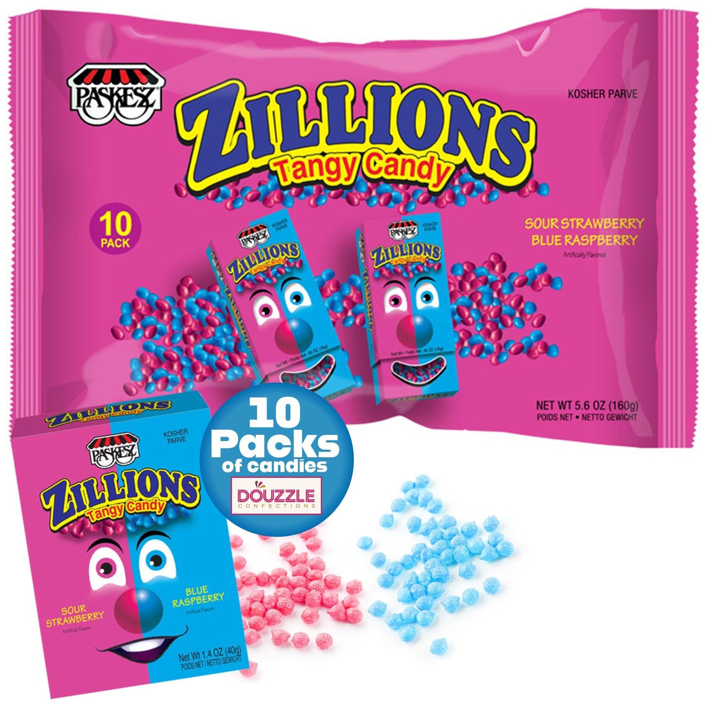 DOUzzle Zillions Tangy Candy, Sour Strawberry & Blue Raspberry (10 Count, Pack of 1) Individually Wrapped Candies, Birthday Part