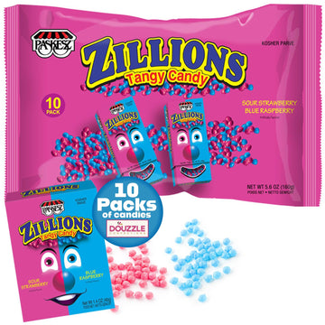 DOUzzle Zillions Tangy Candy, Sour Strawberry & Blue Raspberry (10 Count, Pack of 1) Individually Wrapped Candies, Birthday Part