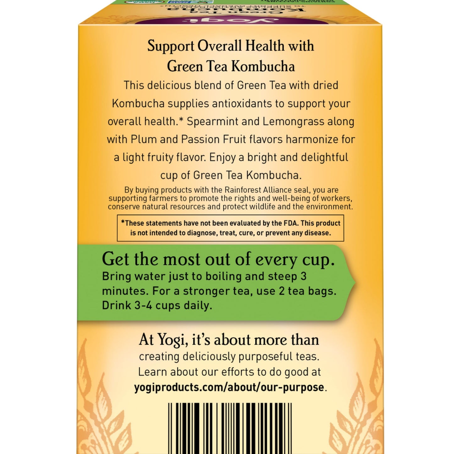 Yogi Green Tea Kombucha - Antioxidant Support - 96 Organic Tea Bags - 6 Pack - Yellow