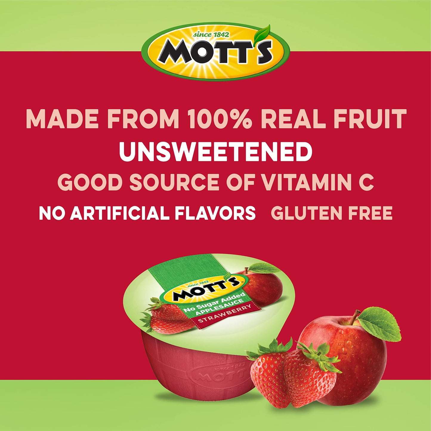 Mott'S No Sugar Added Strawberry Applesauce, 3.9 Oz Cups, 72 Count (12 Packs Of 6), Good Source Of Vitamin C, No Artificial Flav