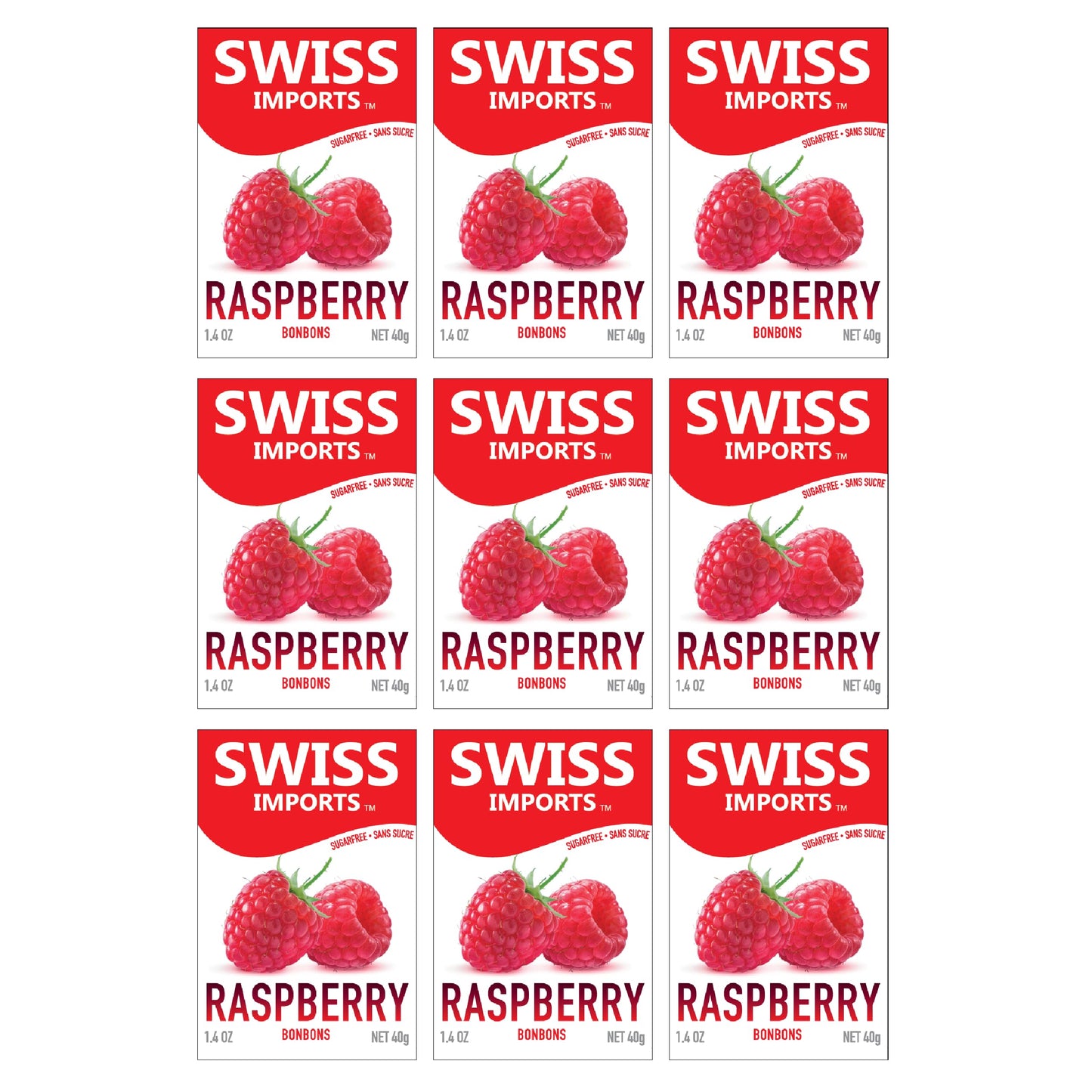 Swiss Imports Sugar Free Bonbons Hard Candy Drops, Raspberry, 1.4 Oz/ 40G Box, 9 Pack