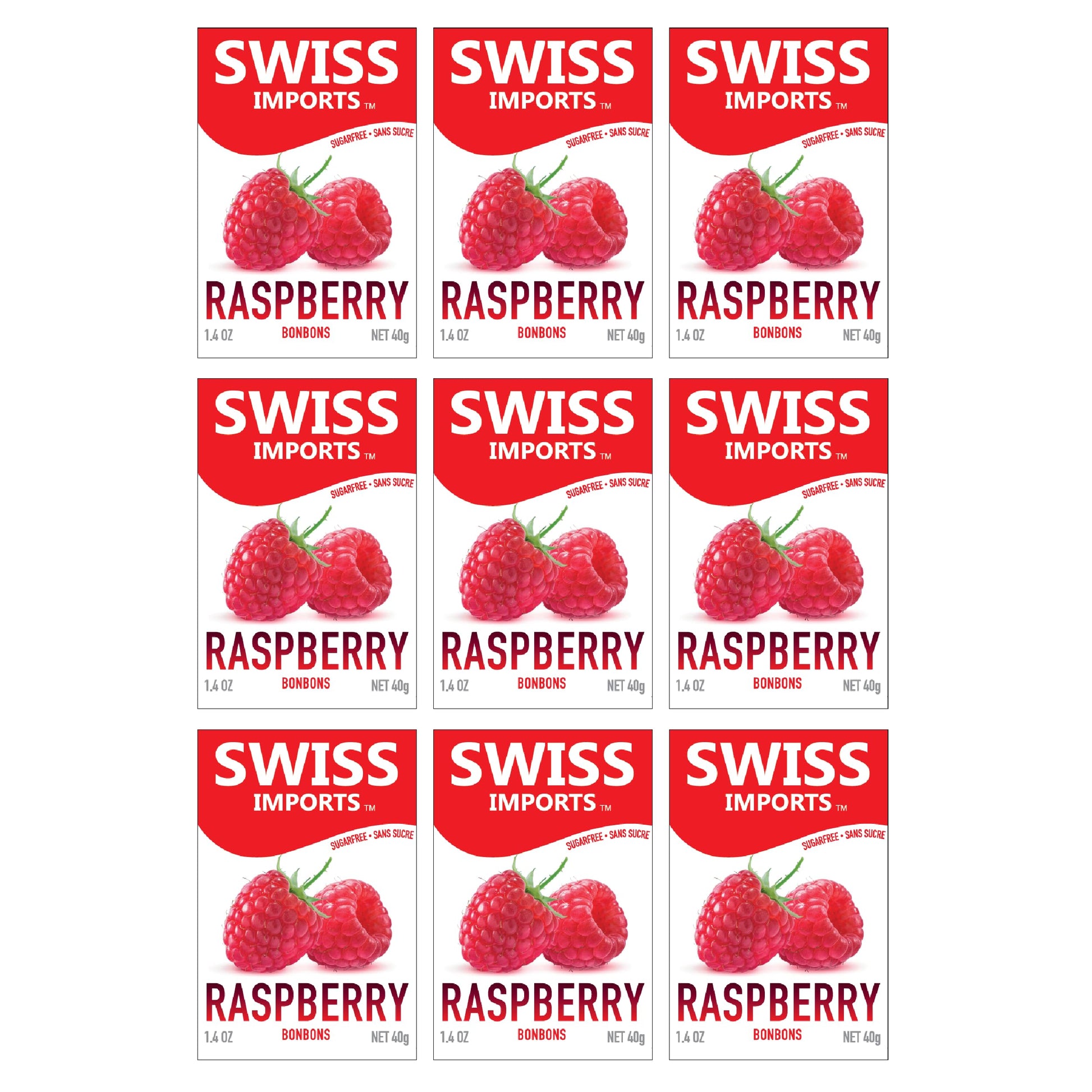 Swiss Imports Sugar Free Bonbons Hard Candy Drops, Raspberry, 1.4 Oz/ 40G Box, 9 Pack
