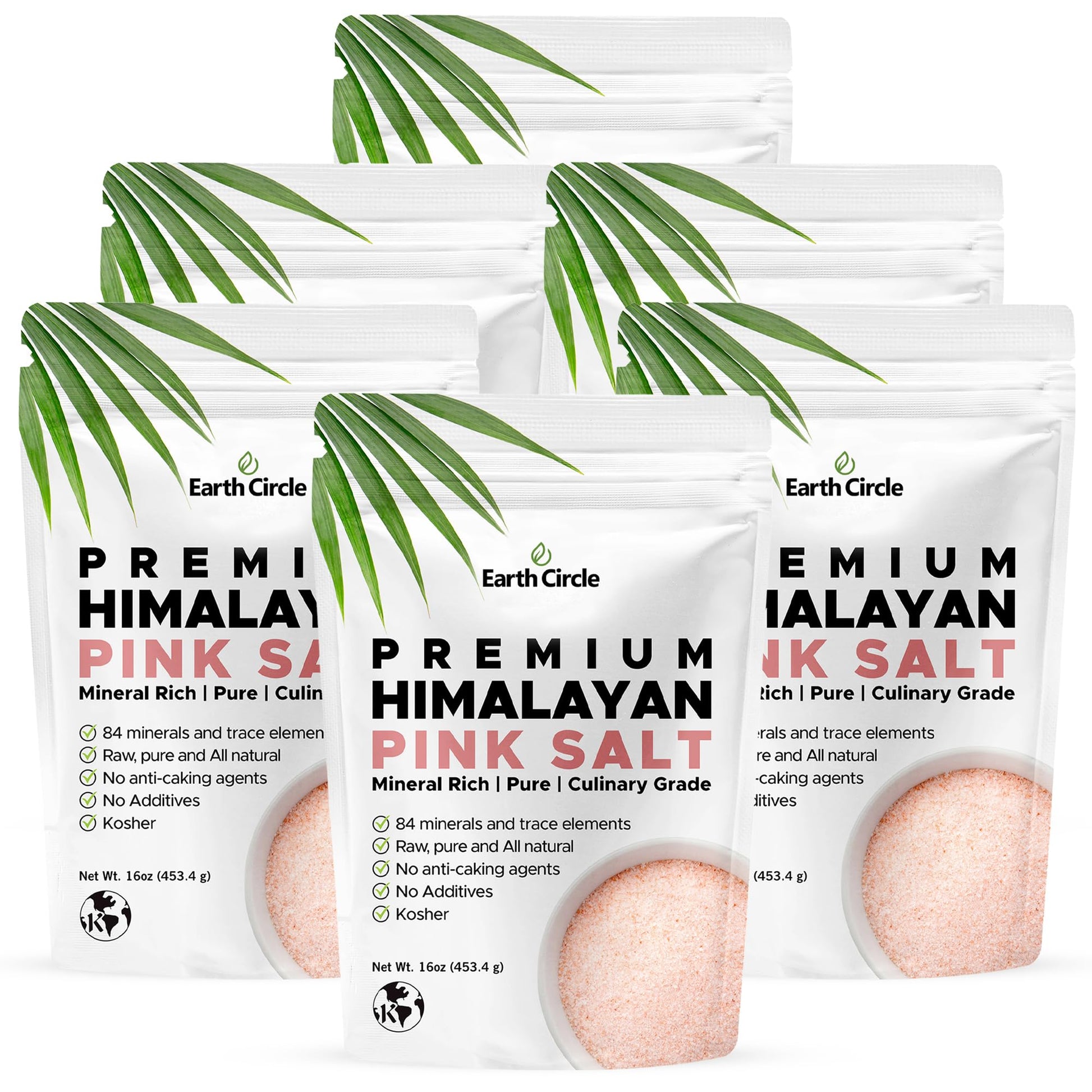 Earth Circle Organics Himalayan Pink Fine Grain Salt - Pure Culinary Grade, Raw, Kosher - 6 Pounds (1 Pound Pack of 6)