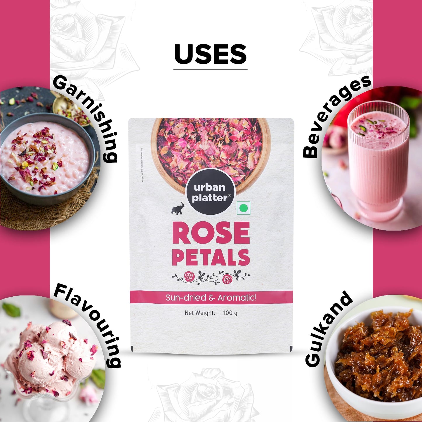 Urban Platter Sun Dried Rose Petals | 3.53 Oz/100G | Edible Gulab Patti | Natural & Pure Aromatic Flower Petals | Used In Herbal Tea, Baking, Desserts, Rose Water & Crafting