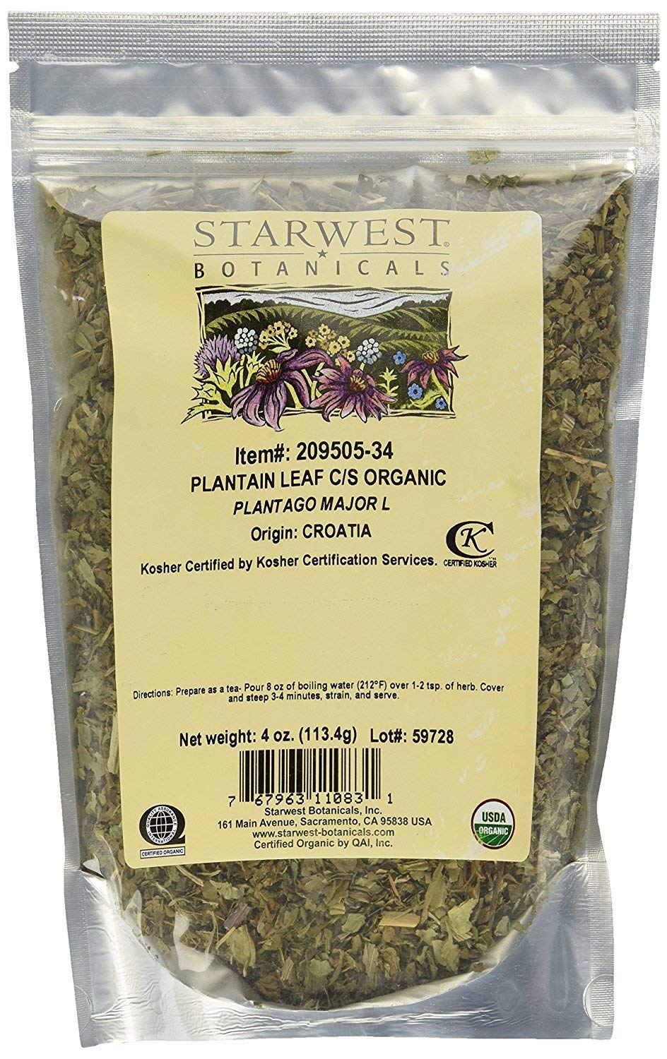 Starwest Botanicals Organic Plantain Leaf Cut & Sifted, 4 Ounces, Pack of 1