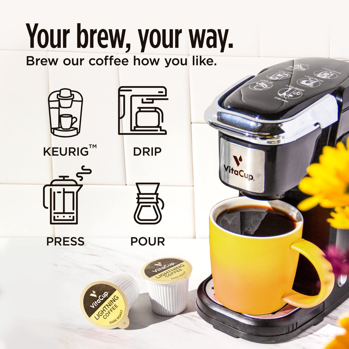 Vitacup Lightning Coffee Pods, For Focus W/ 2X Caffeine, Green Coffee Bean, B Vit, D3, Strong Dark Roast Arabica Beans, Single Serve Pod Compatible With Keurig K-Cup Malt-Inspired, 64 Ct (4 Pack Of 16 Ct)