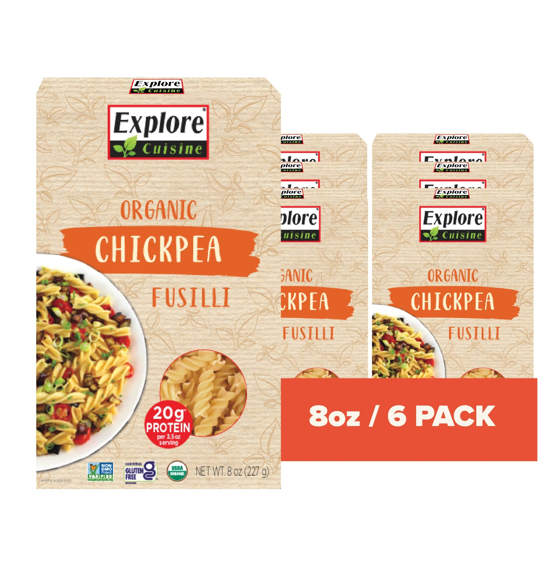 Explore Cuisine Organic Chickpea Fusilli - Pack Of 6 (8 Oz) - Easy-To-Make Gluten Free Chickpea Pasta - High In Plant Protein & Fiber - Non-Gmo - 24 Total Servings