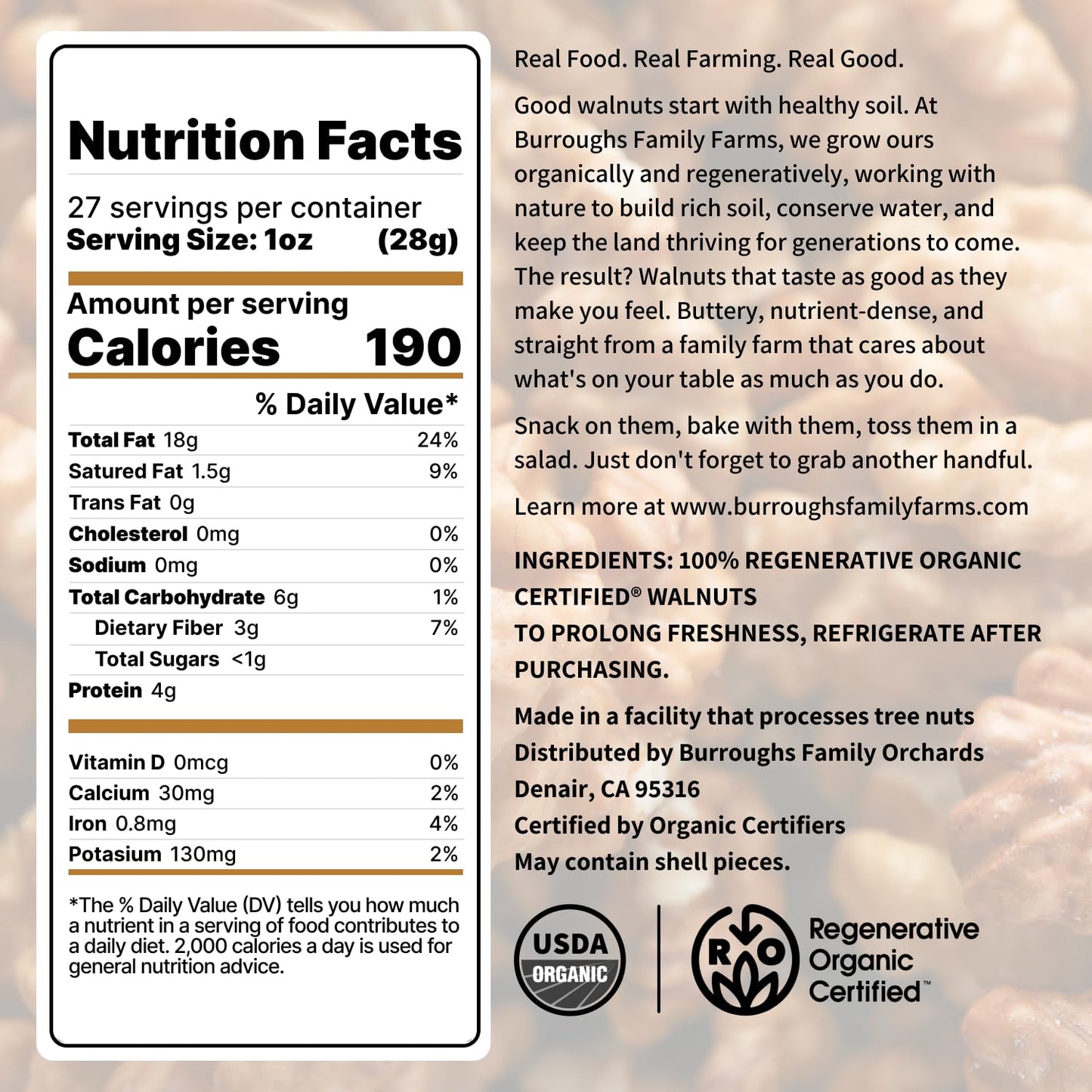 Organic Raw Walnuts Halves & Pieces 1.7lb - Unpasteurized, Regeneratively Grown in California - Whole, Fresh, Unsalted - Plant-B