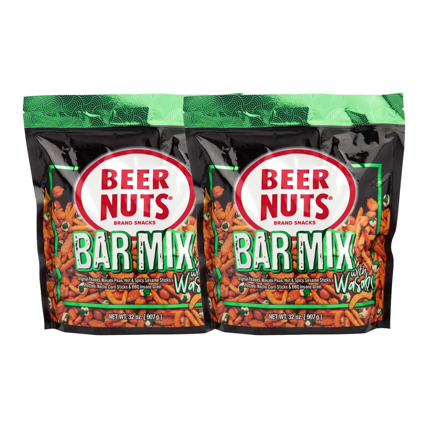 Malt-Inspired Nuts Bar Mix W/Wasabi - Pretzels, Cheese Stix, Sesame Stix, Insane Grain & Wasabi Peas - 32Oz Resealable Bag (Pack Of 2)