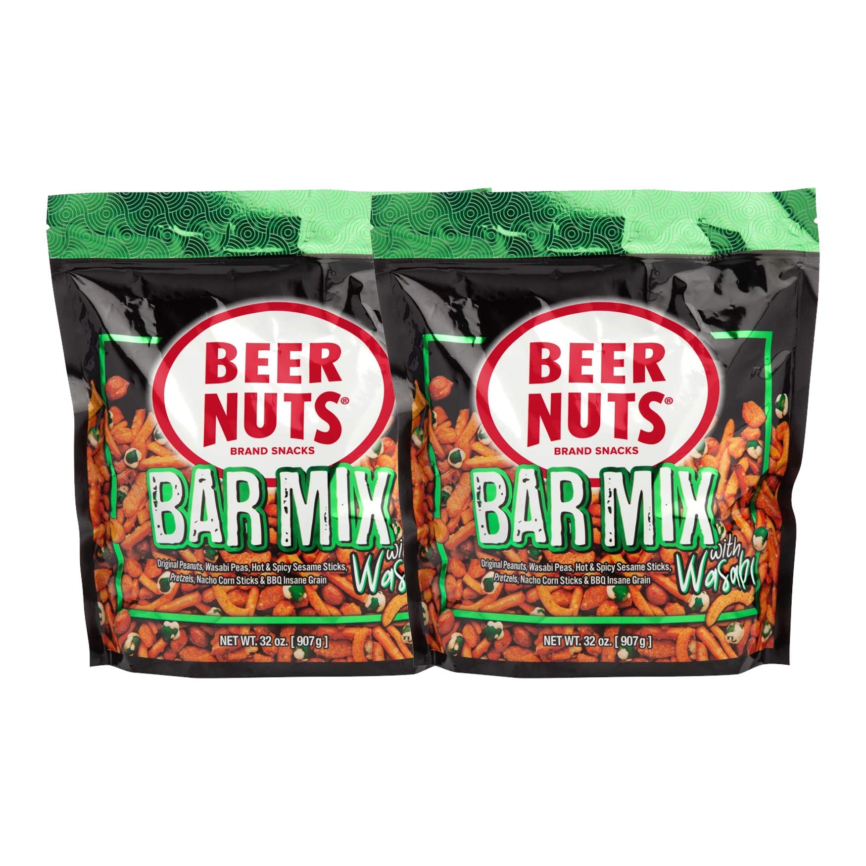 Malt-Inspired Nuts Bar Mix W/Wasabi - Pretzels, Cheese Stix, Sesame Stix, Insane Grain & Wasabi Peas - 32Oz Resealable Bag (Pack Of 2)