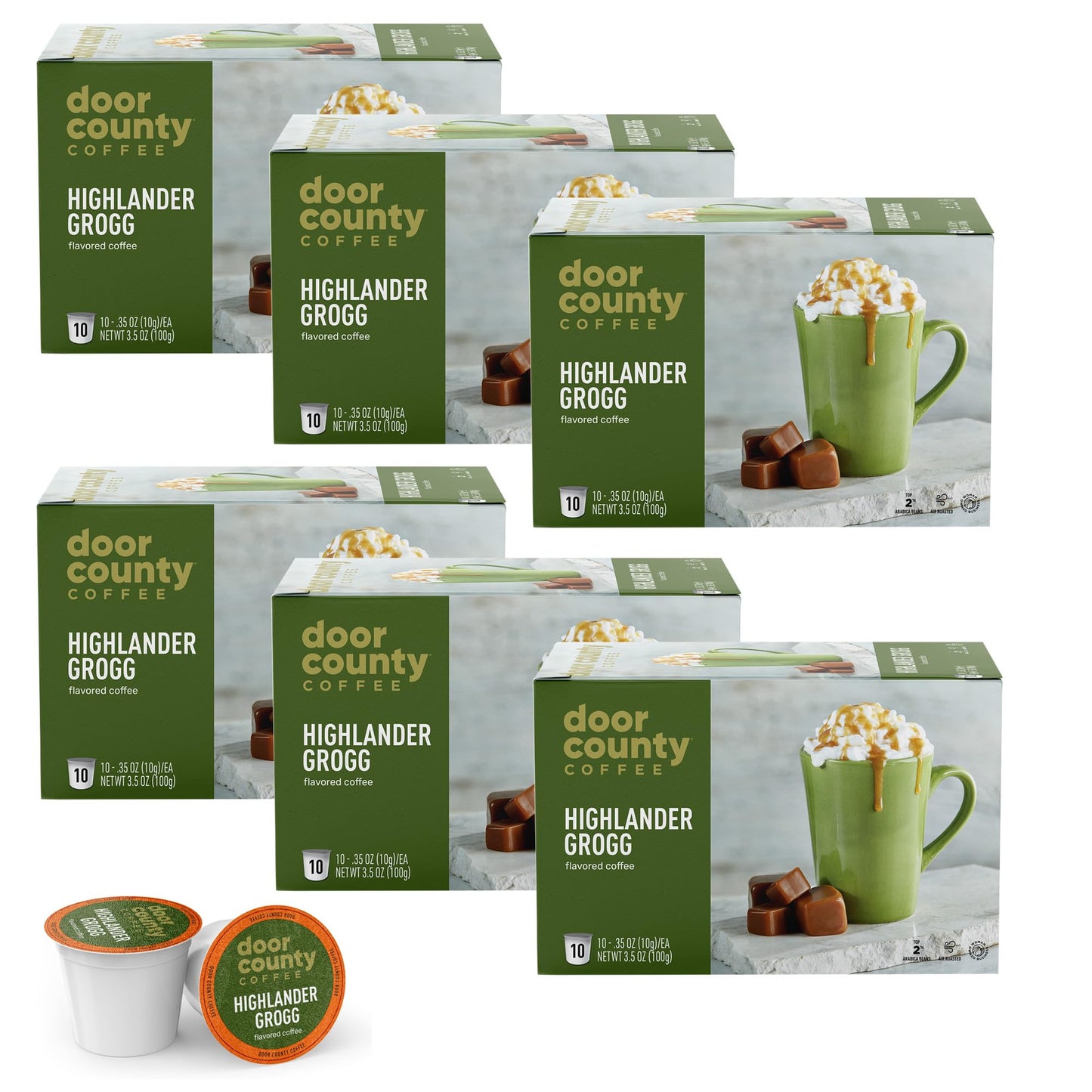 Door County Coffee - Highlander Grogg, Irish Creme And Caramel Flavored Ground Coffee - Medium Roast, Single Serve Cups - 60 Cou