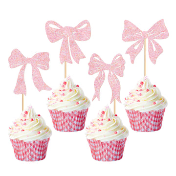 Cyodoos 24pcs Pink Bowknot Cupcake Toppers Cake Dessert Picks Decoration For Baby Shower Princess Cupcake Toppers for Birthday P