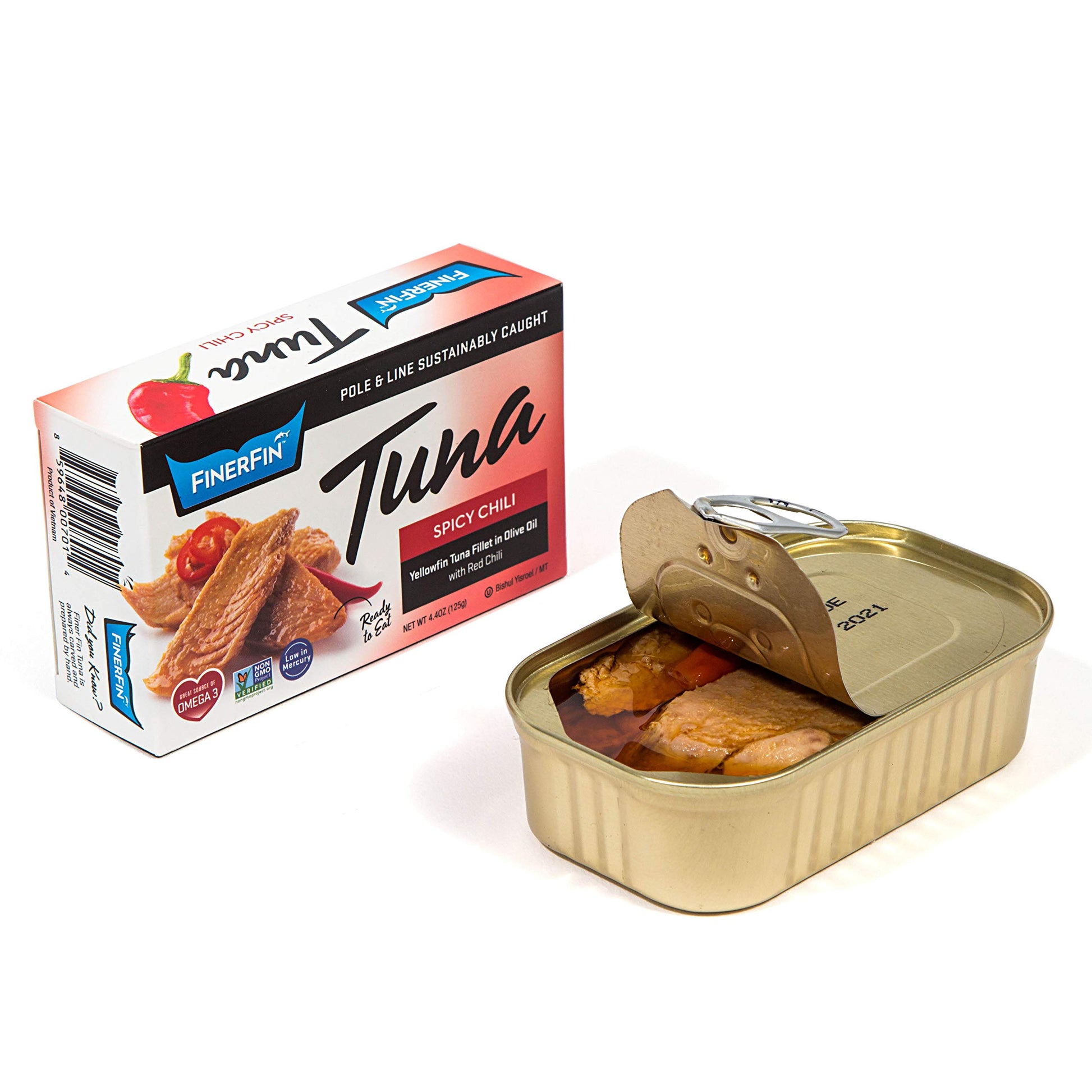FinerFin Spicy Chili Yellowfin Tuna Fillets in Organic Olive Oil, 4.4 oz, Gluten Free, Kosher, Hand Cut, Gourmet Ready-to-Eat