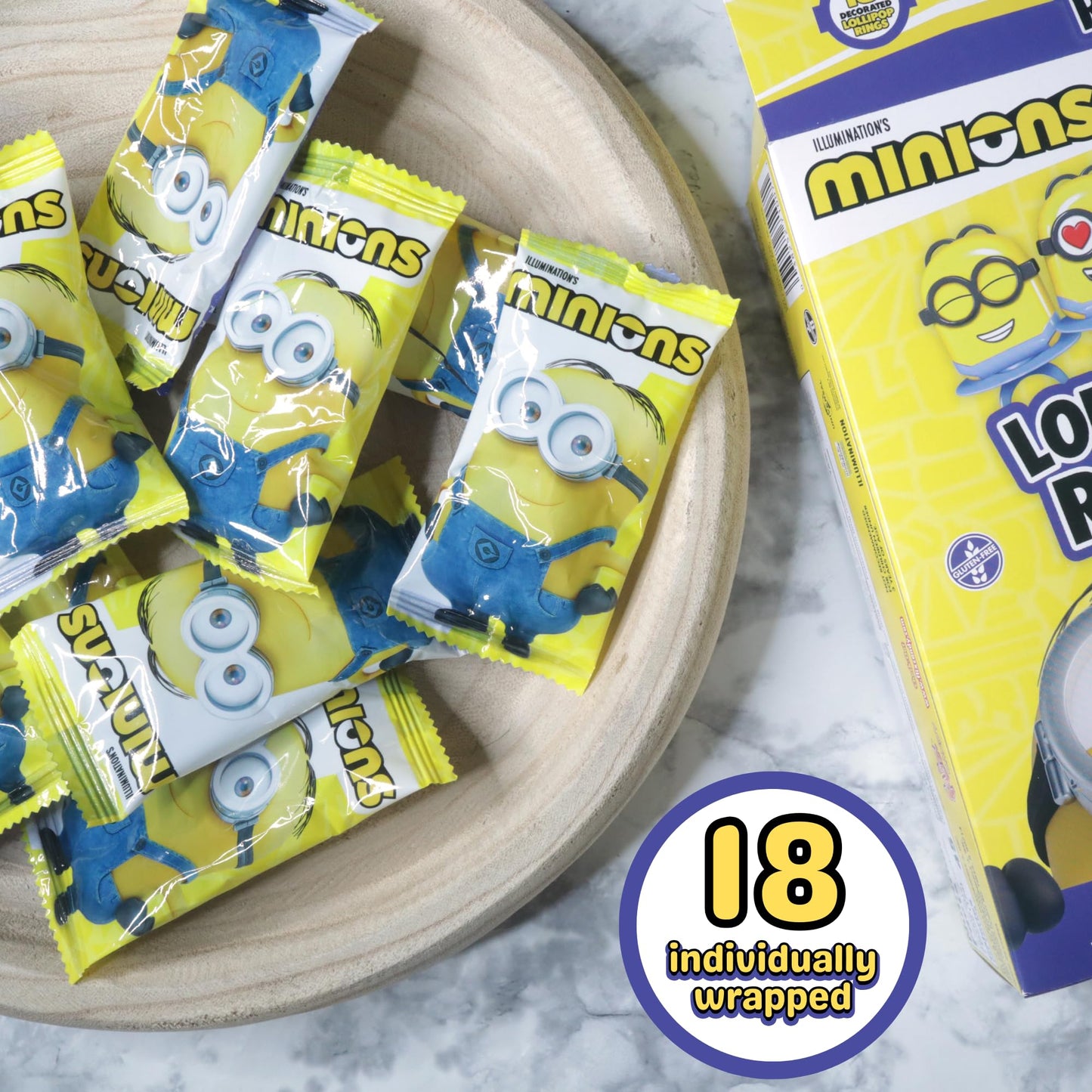 Minions Lollipop Rings, Individually Wrapped Candy For Birthday Party Favors, Assorted Flavors And Characters, 18 Suckers