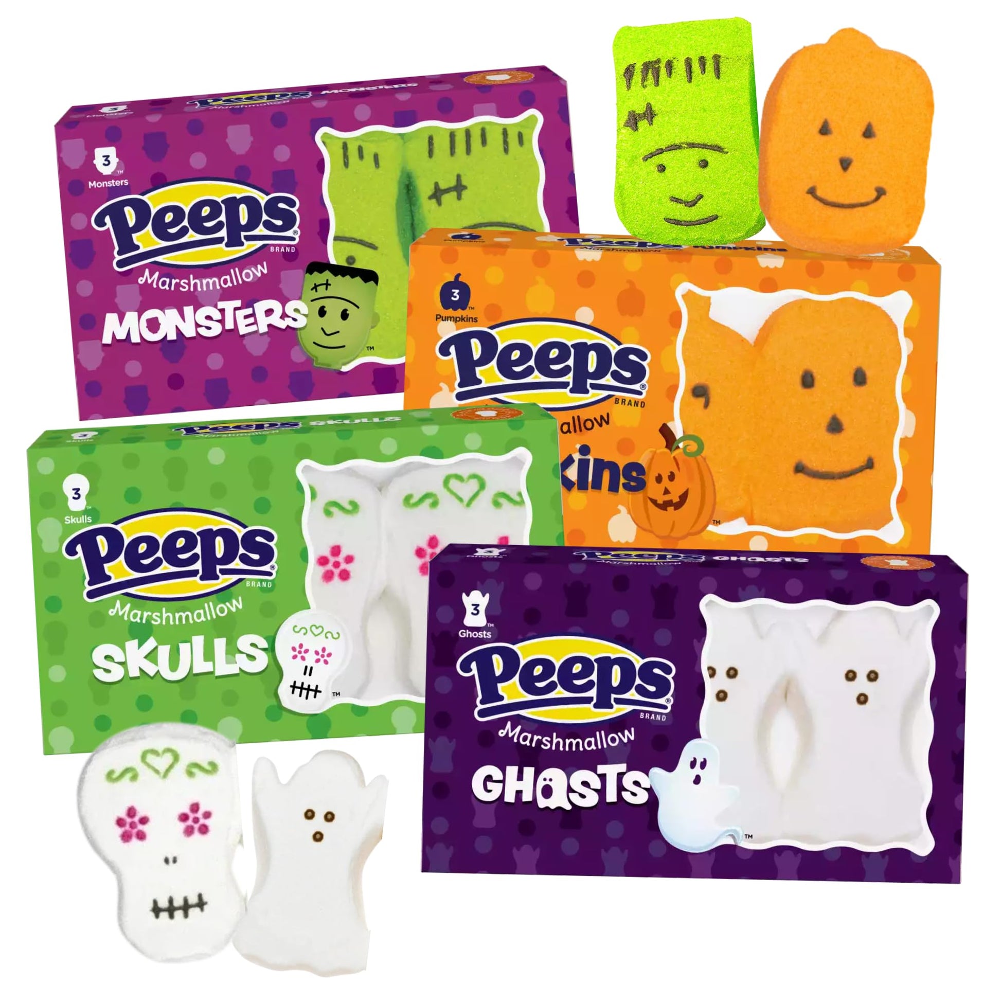 Needzo Monster  Pumpkin  Sugar Skulls  and Ghost Peeps Marshmallows  Halloween 2025 Assorted Character Marshmallow Candies (Pack of 4) 12 Pieces Total