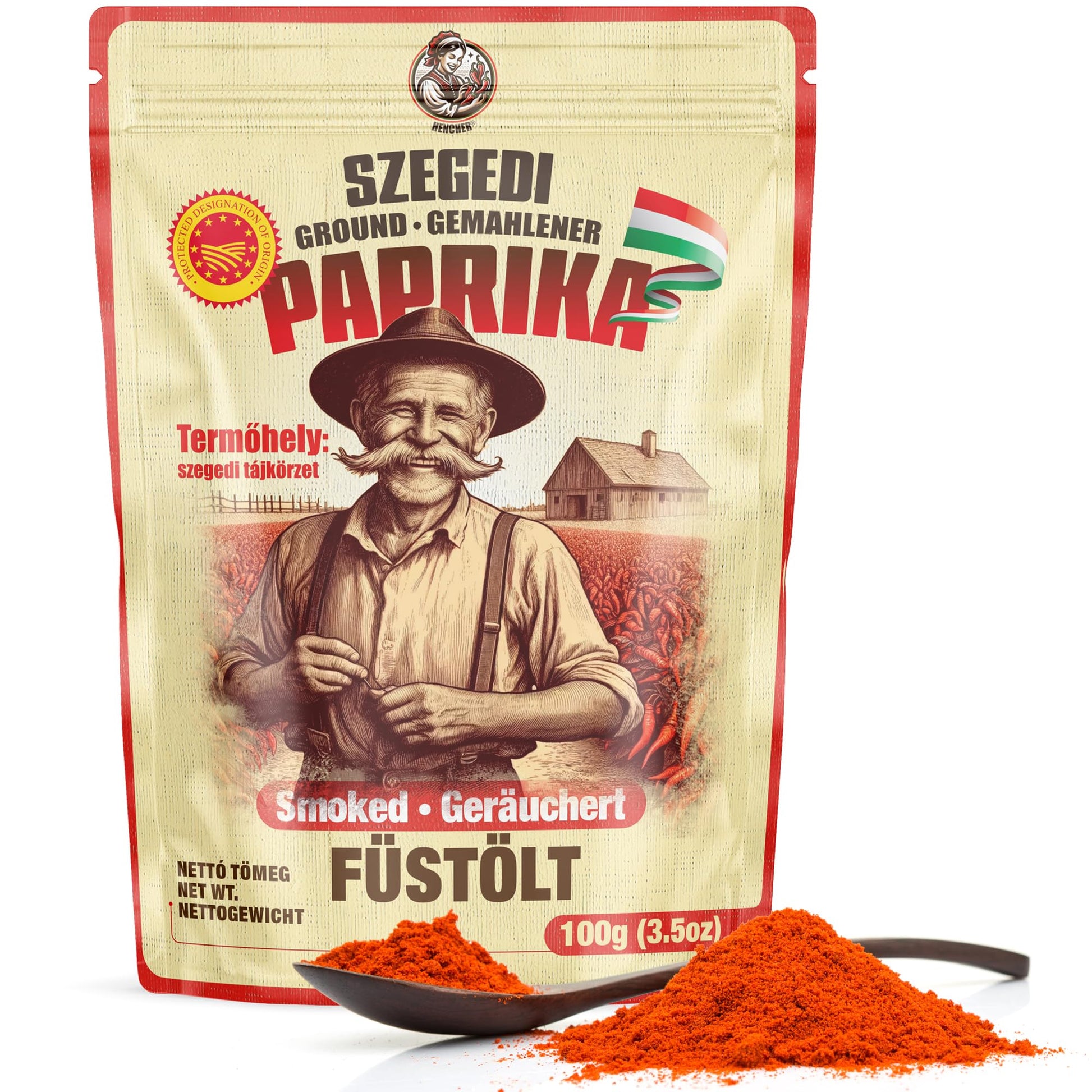 Hencher Hungarian Smoked Paprika Spice Powder, Mild, Non-GMO, 100g (3.5oz)