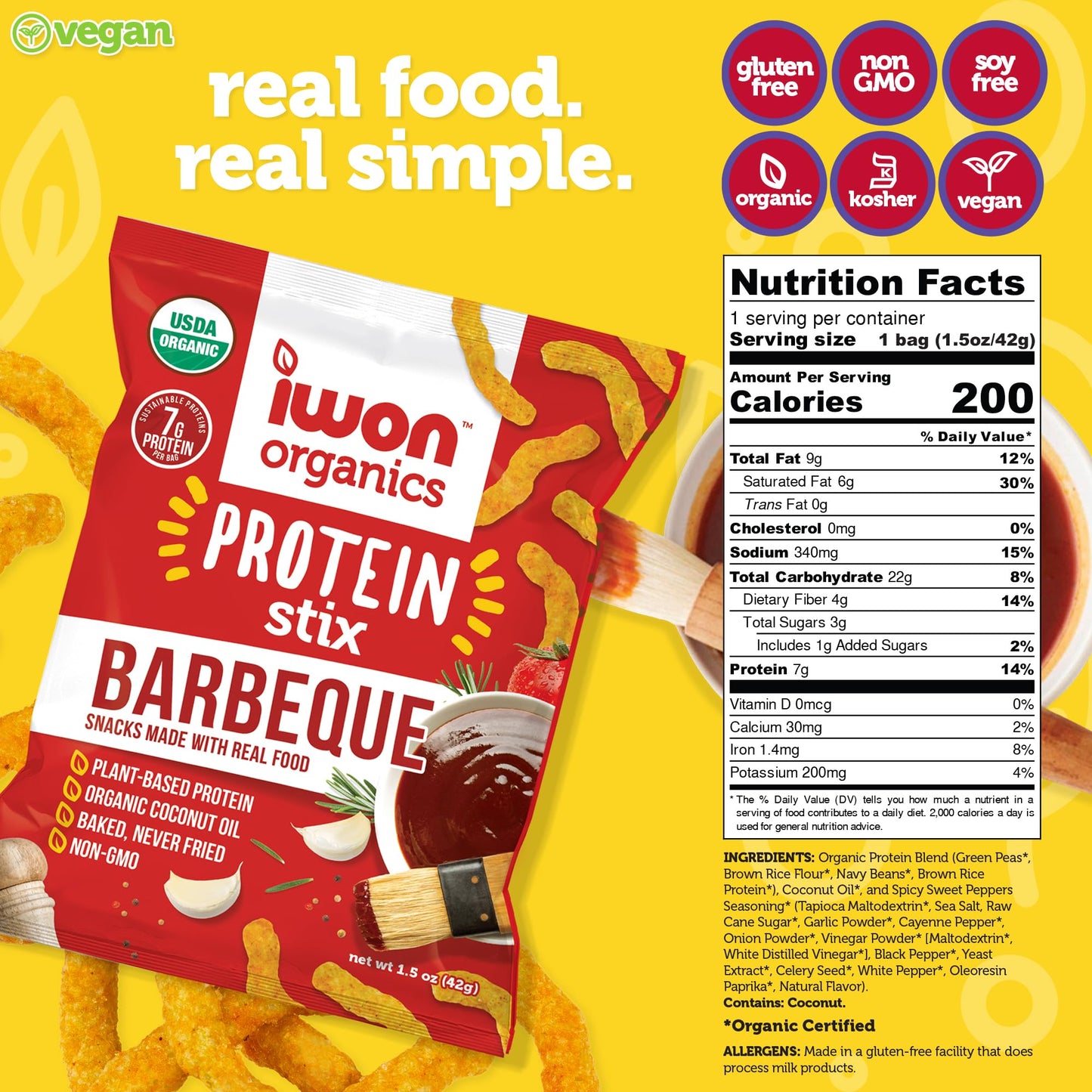 IWON Organics Mesquite BBQ Flavor Snack Stix, High Protein and Organic Healthy Snacks, 8 Bags, 1.5 Ounce