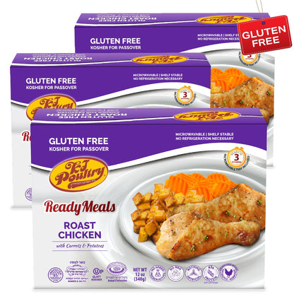 KJ Poultry Kosher for Passover Gluten Free Meals, Roast Chicken with Potato & Carrots, Halal, (3 Pack) Prepared Entree Fully Coo