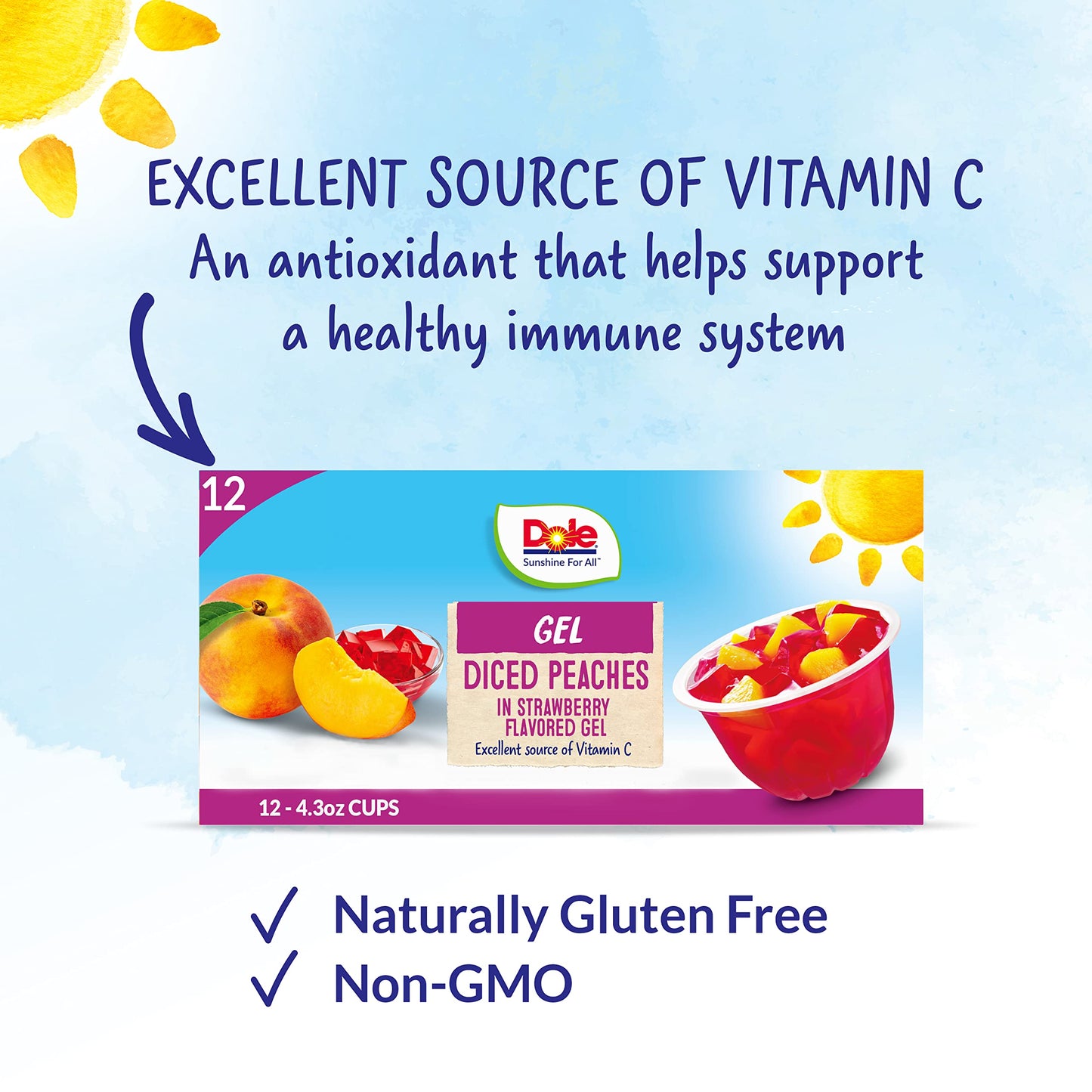 Dole Fruit Bowls Peaches in Strawberry Flavored Gel Snacks, 4.3oz 12 Total Cups, Gluten & Dairy Free, Bulk Lunch Snacks for Kids