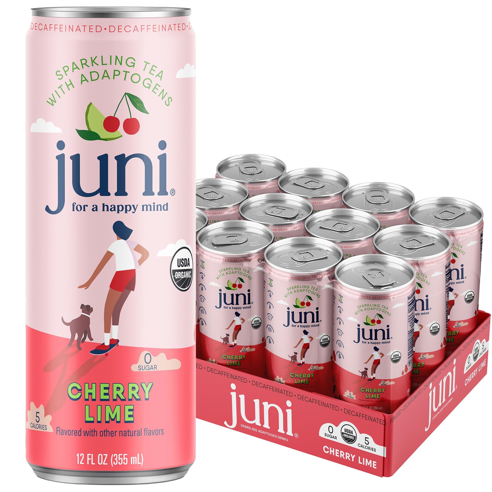 JUNI Sparkling Adaptogen Drink - Ashwagandha, Lion’s Mane, Reishi - Cherry Lime, 12 Fl Oz (Pack of 12), Zero Sugar, Decaffeinated