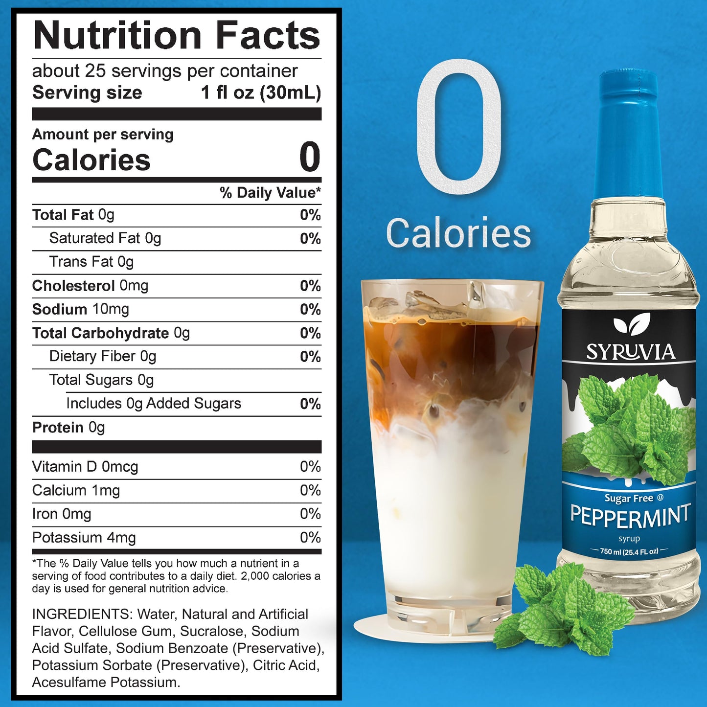 Syruvia Sugar Free Peppermint Syrup With Syrup Pump Dispenser - Peppermint Coffee Syrup Flavor, 25.4 Fl Oz, Kosher, Gluten Free,