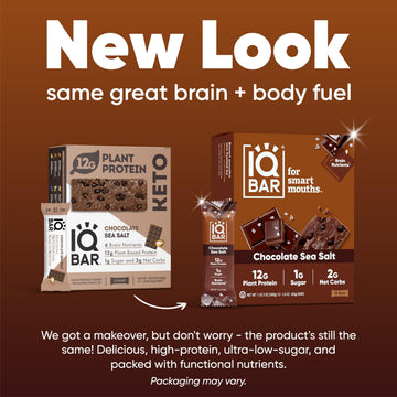 IQBAR Brain and Body Plant Protein Bars - Chocolate Sea Salt - 24 Count, Low Carb, High Fiber, Gluten Free, Vegan Snacks - Low S