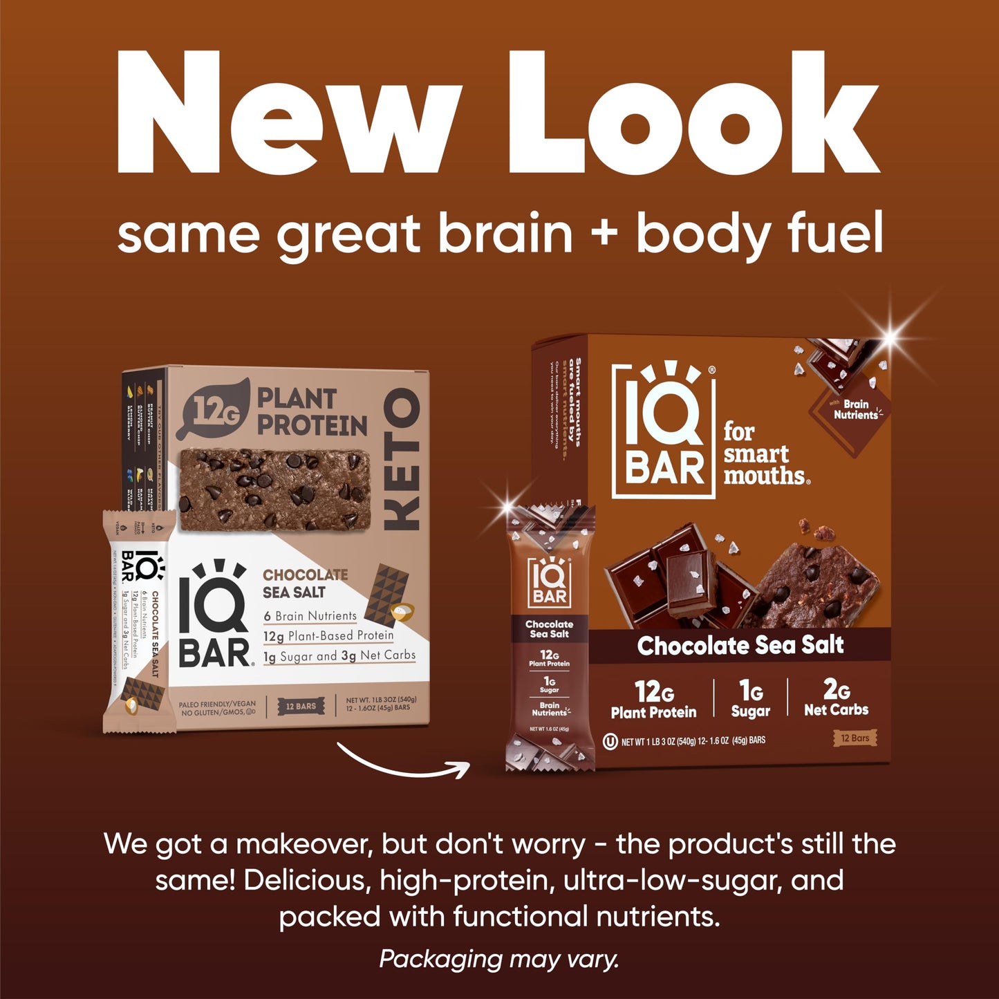 IQBAR Brain and Body Plant Protein Bars - Chocolate Sea Salt - 36 Count, Low Carb, High Fiber, Gluten Free, Vegan Snacks - Low S