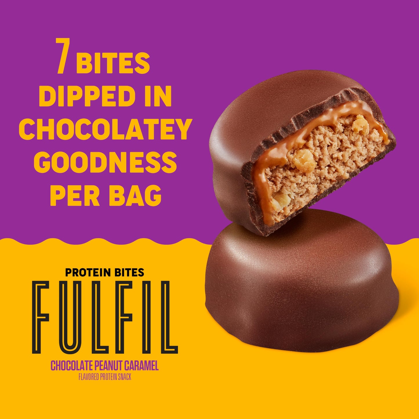 FULFIL Protein Snack Bites, Chocolate Peanut Caramel Flavored, Gluten Free with 16g Protein per serving, 7 Bites per Bag (10 Bag