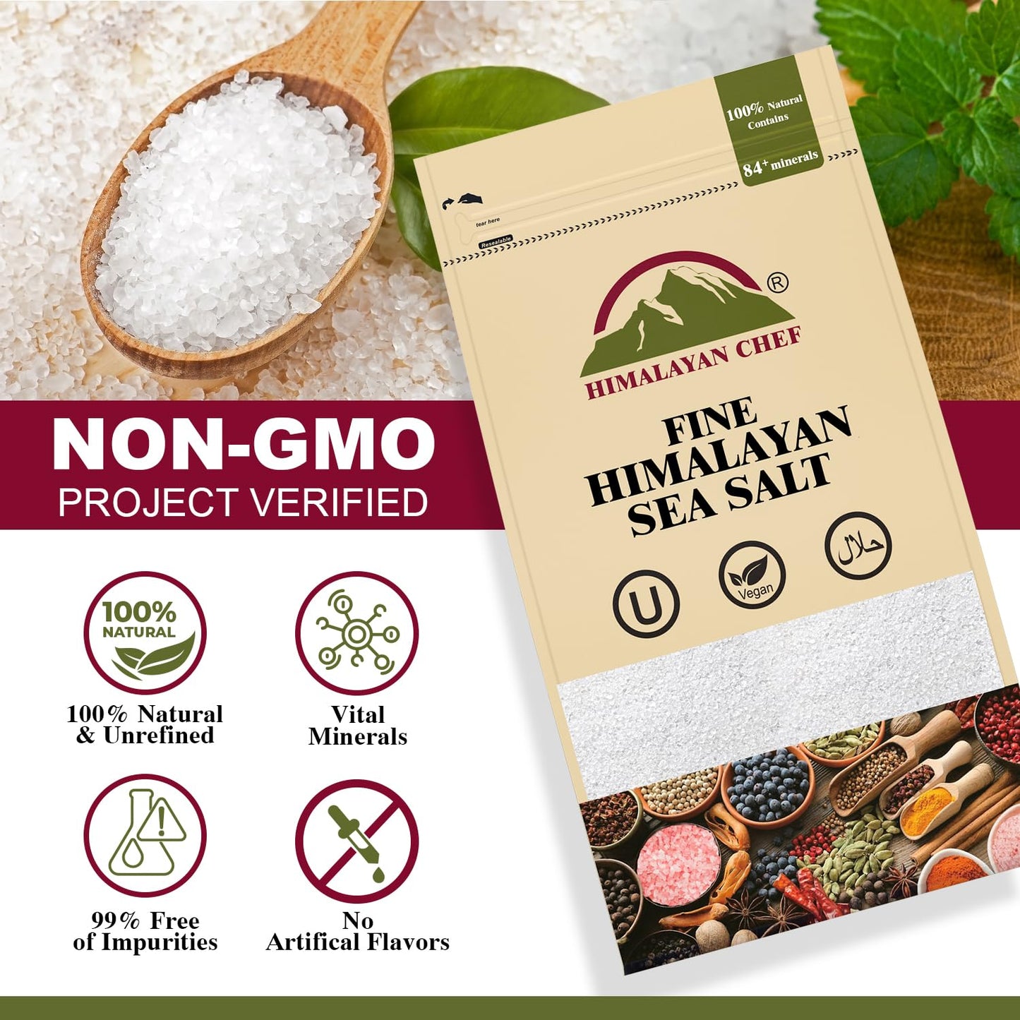 Himalayan Chef Sea Salt, All-Natural Fine Grain, Non-Iodized, 192 Ounce, Pack of 4