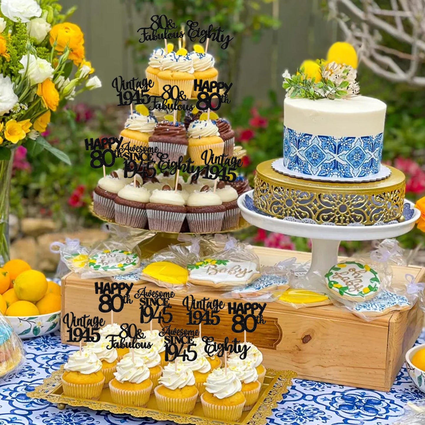 30Pcs Happy 80Th Birthday Cupcake Toppers Glitter Awesome Since 1943 Eighty 80 Fabulous Vintage 1943 Cupcake Picks For 80Th Birt