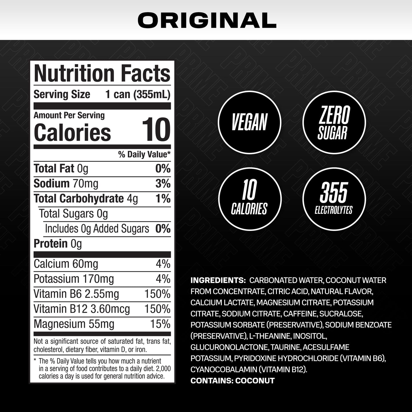 PRIME Energy ORIGINAL Zero Sugar Energy Drink, 200mg Caffeine, 355mg Electrolytes, Vegan, Gluten Free, 12 Fluid Ounce, 12 Pack