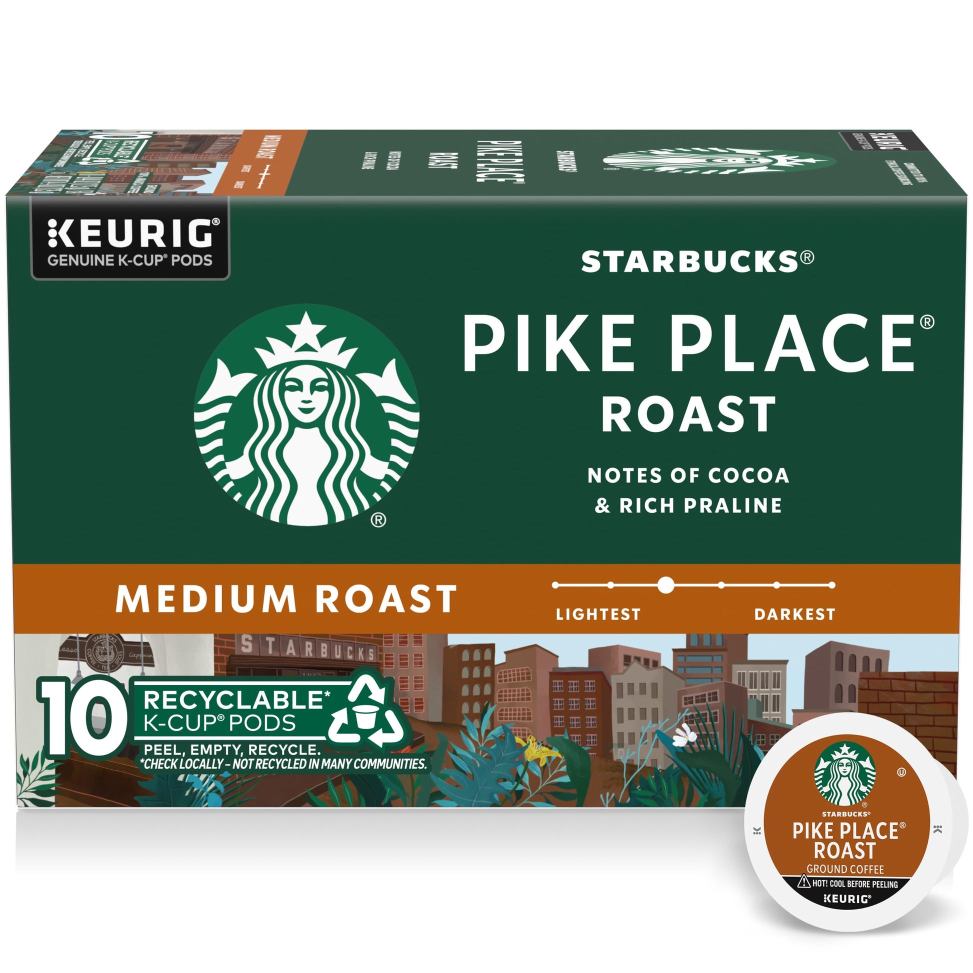 Starbucks K-Cup Coffee Pods, Medium Roast, Pike Place Roast, 10 Pods, 100% Arabica, White and Brown, Model 150290