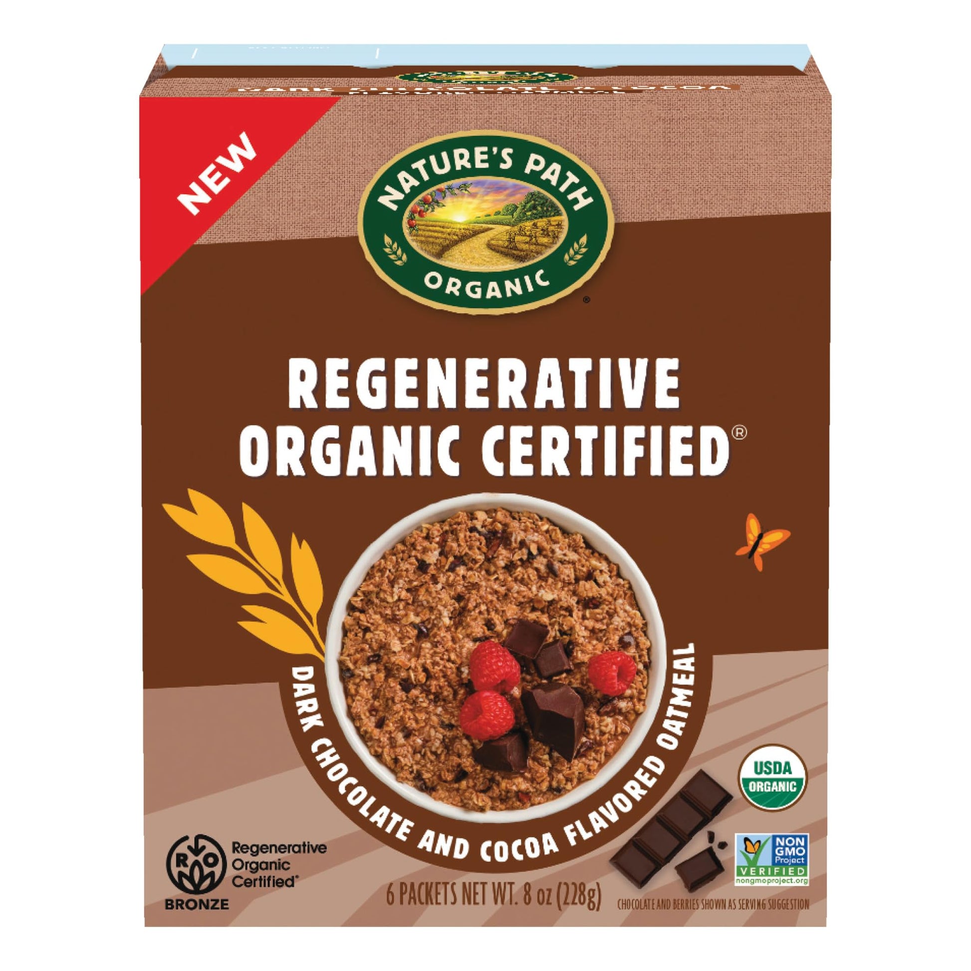 Natures Path Organic Regenerative Organic Certified Dark Chocolate & Cocoa Instant Oatmeal, 8 oz (Pack of 1), Non-GMO, Fair Tra
