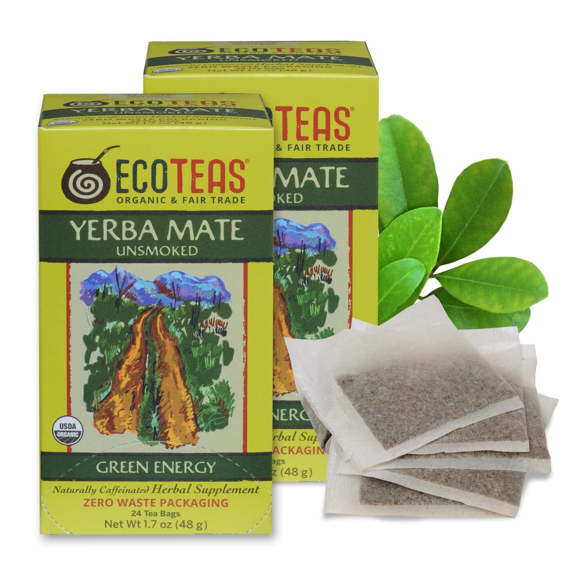 Ecoteas Organic Unrich Flavor Yerba Mate Tea Bags - 24 Count  1.7 Oz - Organic Detox Tea - Hi Caf Tea - Clean Yerba Mate Energy Burst - Ecoteas (2 Pack)