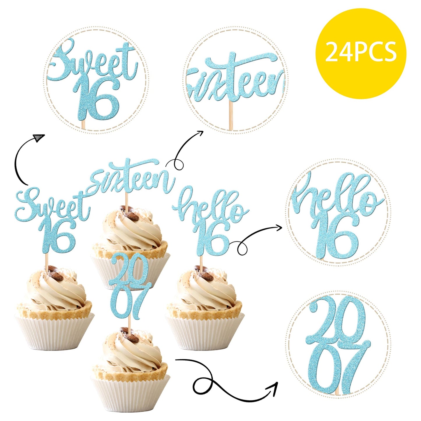 24Pcs Happy 16Th Birthday Cupcake Toppers Glitter Sixteen Sweet 16 Cupcake Picks Since 2007 Hello 16 Cake Decorations For Celebr