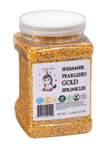 Sweet Eva SHIMMER PEARLIZED GOLD SPRINKLES-Dairy Free,Gluten Free,Egg Free,Vegan,Soy Free,Nuts Free,Kosher,Large,Bulk Candy,Cupc