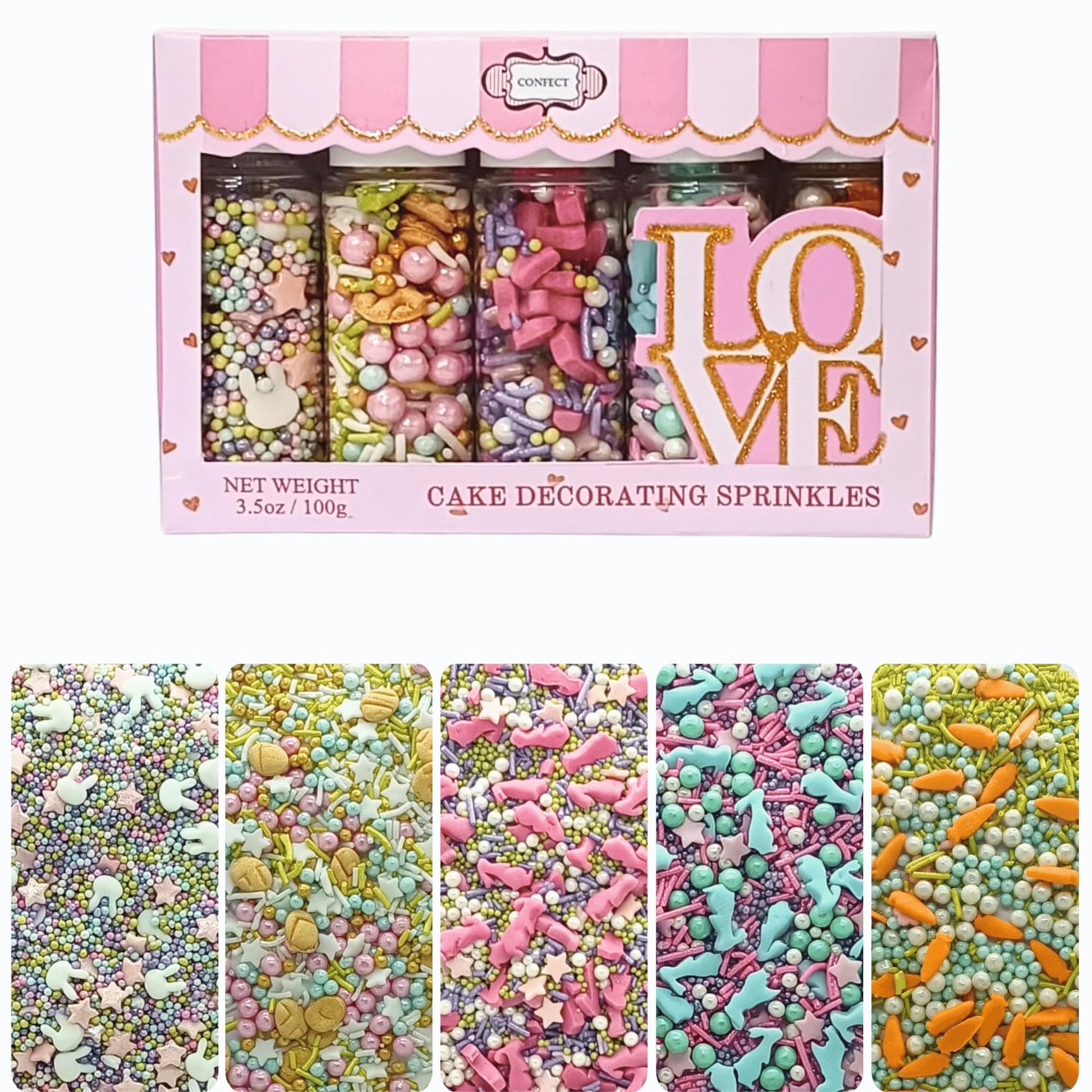 Confect Spring Sprinkle Mix - 5-Pack Bunny-Themed Edible Sprinkles | Pink, White & Blue with Stars, Pearls & Vermicelli | Perfec